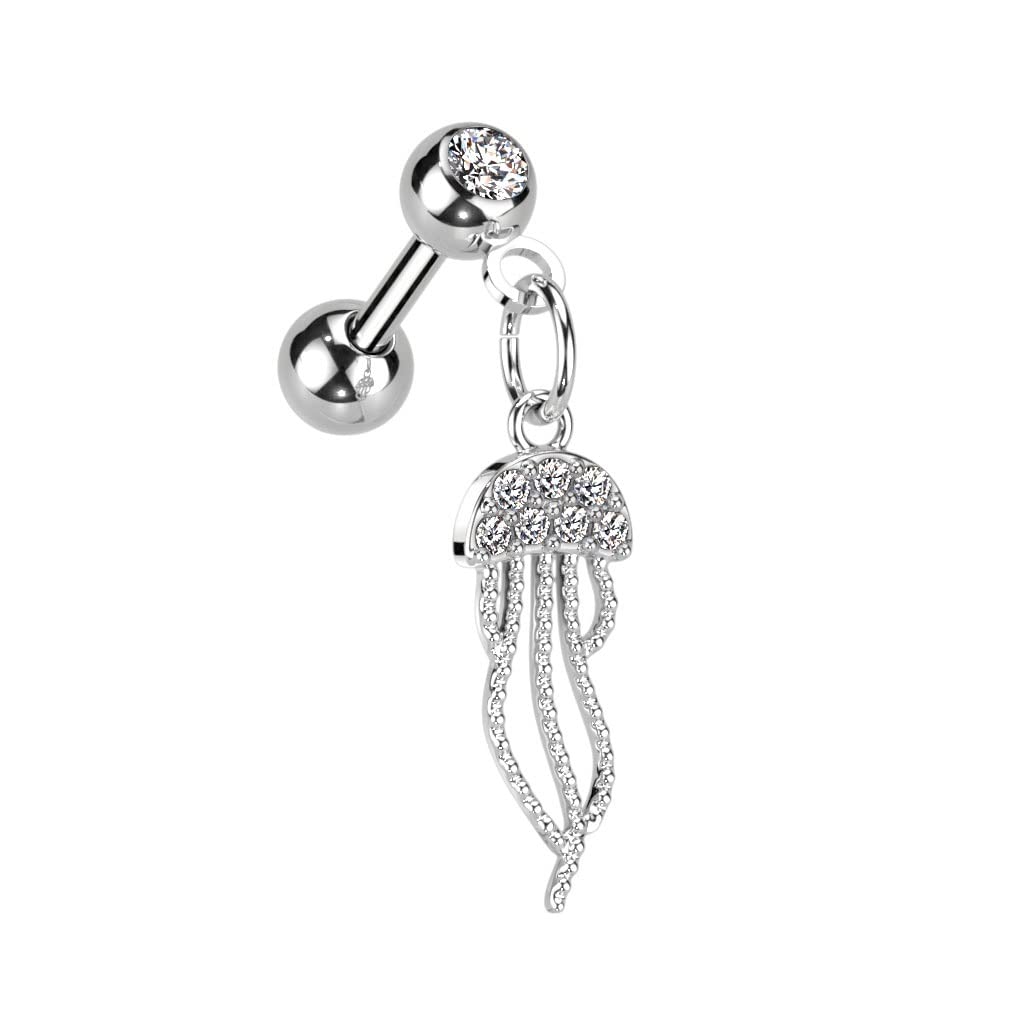 Knorpel Ohrstecker Qualle-Anhänger Zirkonia Clear Silber Gold Piercings Chirurgenstahl Schraubverschluss Stab 6mm lang