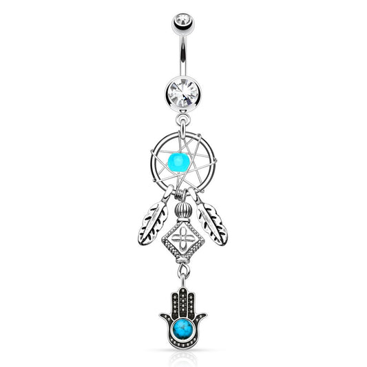 Bauchnabelpiercing Set 1,6mm 10mm Hamsa 48,2 x 14,3mm Nabelpiercing Chirurgenstahl Bananabell Zirkonia Silber Clear Türkis