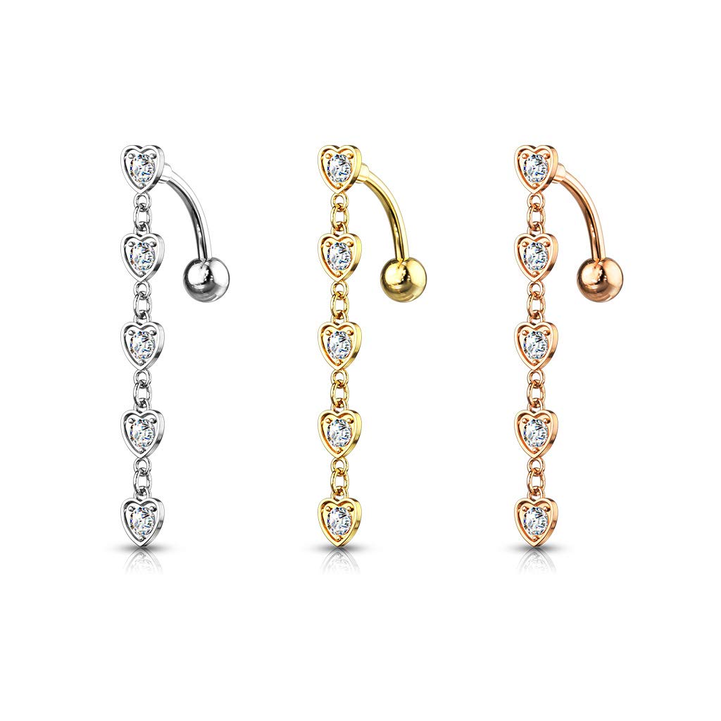Bauchnabelpiercing 5 Kristall Herzen-Anhänger Nabelpiercing Chirurgenstahl Bananabell Silber Gold Roségold Clear Stab 1,6/10mm
