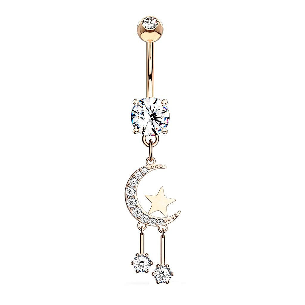 Bauchnabelpiercing Zirkonia Halb-Mond Sterne Anhänger Nabelpiercing Chirurgenstahl Bananabell Silber Gold Roségold Clear Stab 1,6/10mm