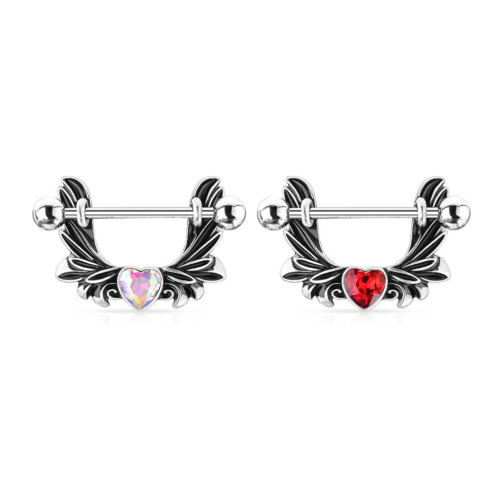 Brustwarzenpiercing Engels-flügel Kristall-Herz Silber Brustpiercing Nippelpiercing Intimpiercing Chirurgenstahl Stab 13mm