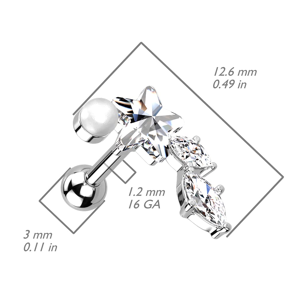 Knorpel Ohrstecker Stern Zirkonia Clear Perle Weiß Piercings Chirurgenstahl Schraubverschluss Stab 6mm lang viele Farben
