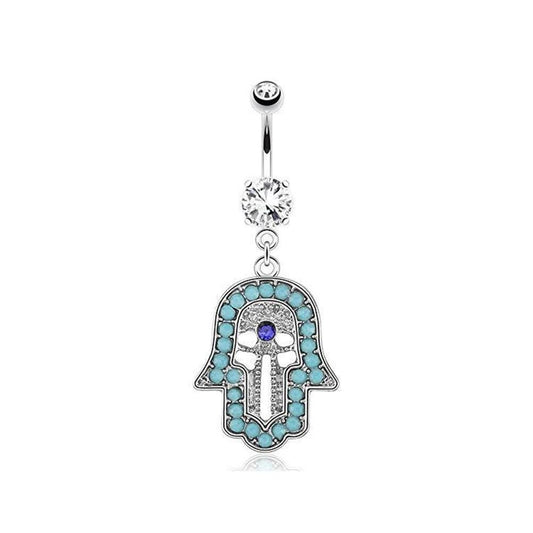 Bauchnabelpiercing Hamsa-Hand Anhänger 1,6mm 10mm Nabelpiercing Chirurgenstahl Bananabell Zirkonia 14 Karat Gold Silber Clear Aqua