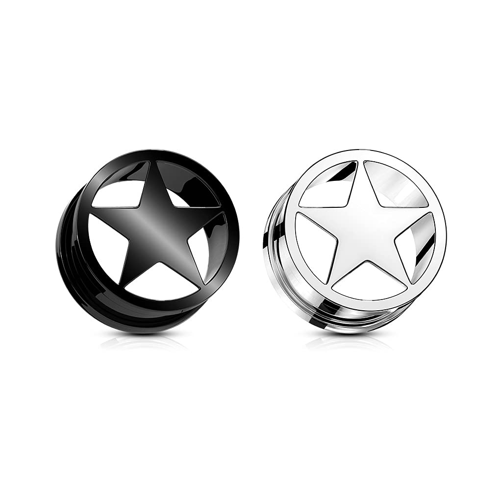 Ohrtunnel Stern Silber Schwarz Chirurgenstahl Ohrpiercing Ohrschmuck Plug Screw Fit Flesh Schraubverschluss 6-25mm