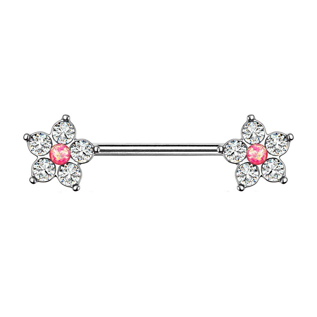 Brustwarzenpiercing Glitzer-Opal Blume 5 Zirkonia Brustpiercing Nippelpiercing Chirurgenstahl viele Farben Stab 1,6/14mm