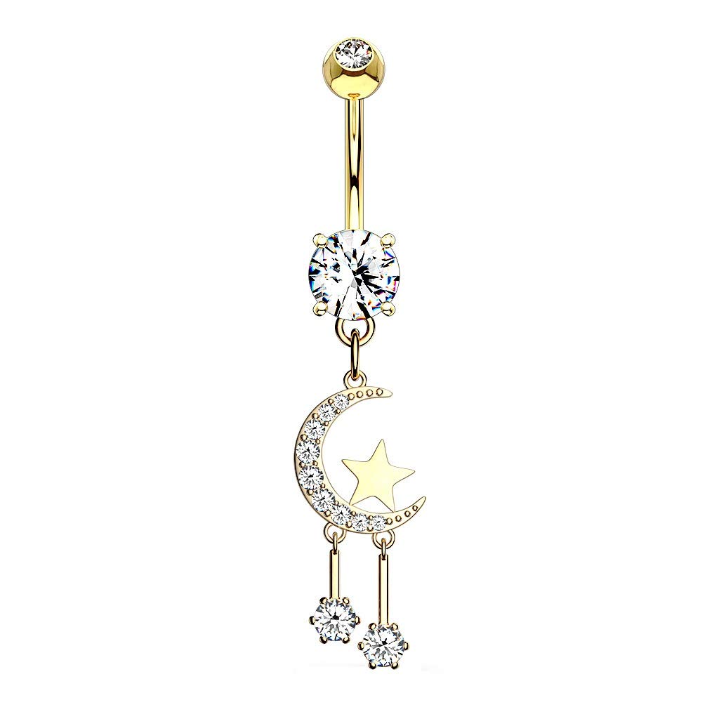 Bauchnabelpiercing Zirkonia Halb-Mond Sterne Anhänger Nabelpiercing Chirurgenstahl Bananabell Silber Gold Roségold Clear Stab 1,6/10mm