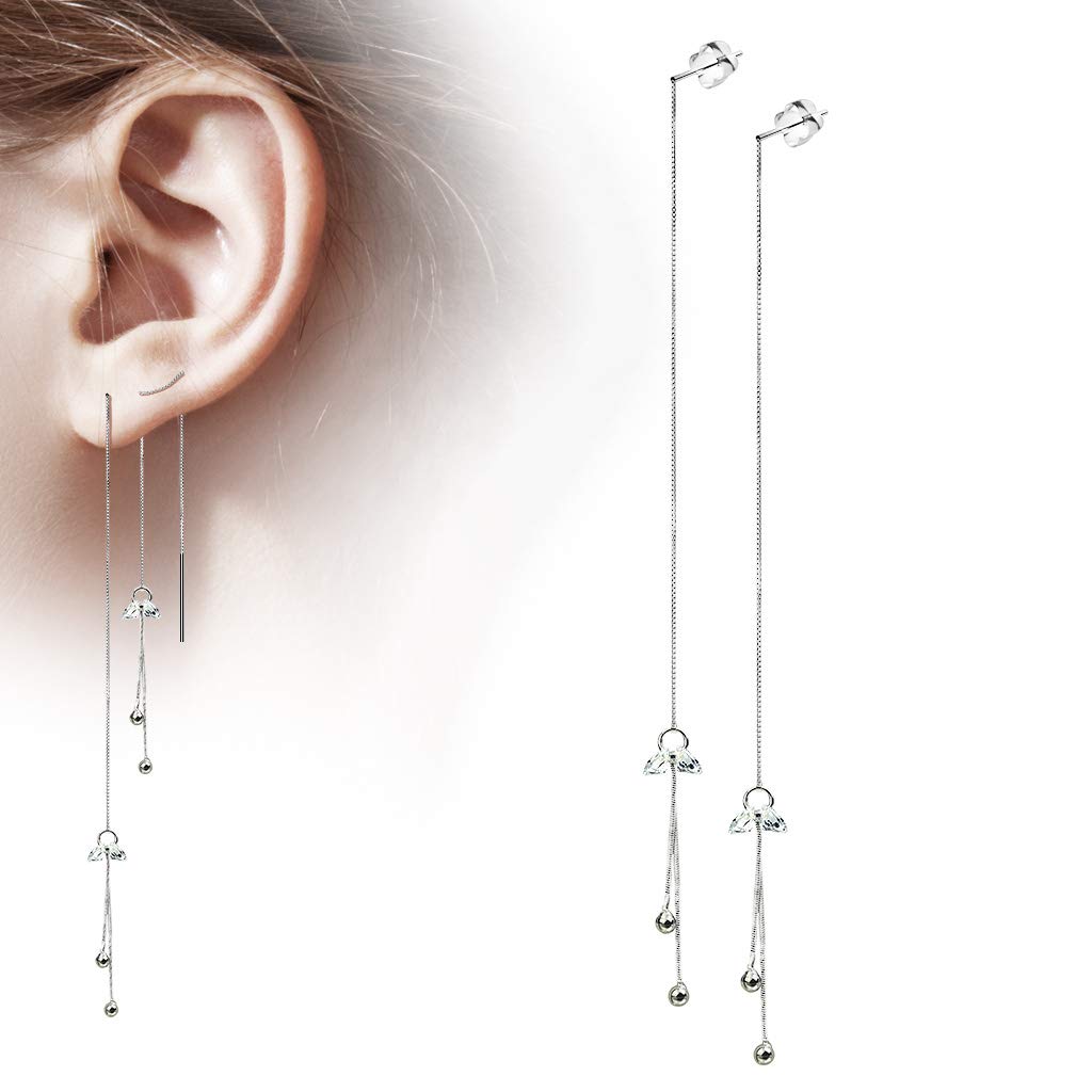 1 Paar Damen Durchzieher Ohrringe Doppel-Zirkonia Doppel-Kette Ohr-hänger e Ohrstecker Silber Clear