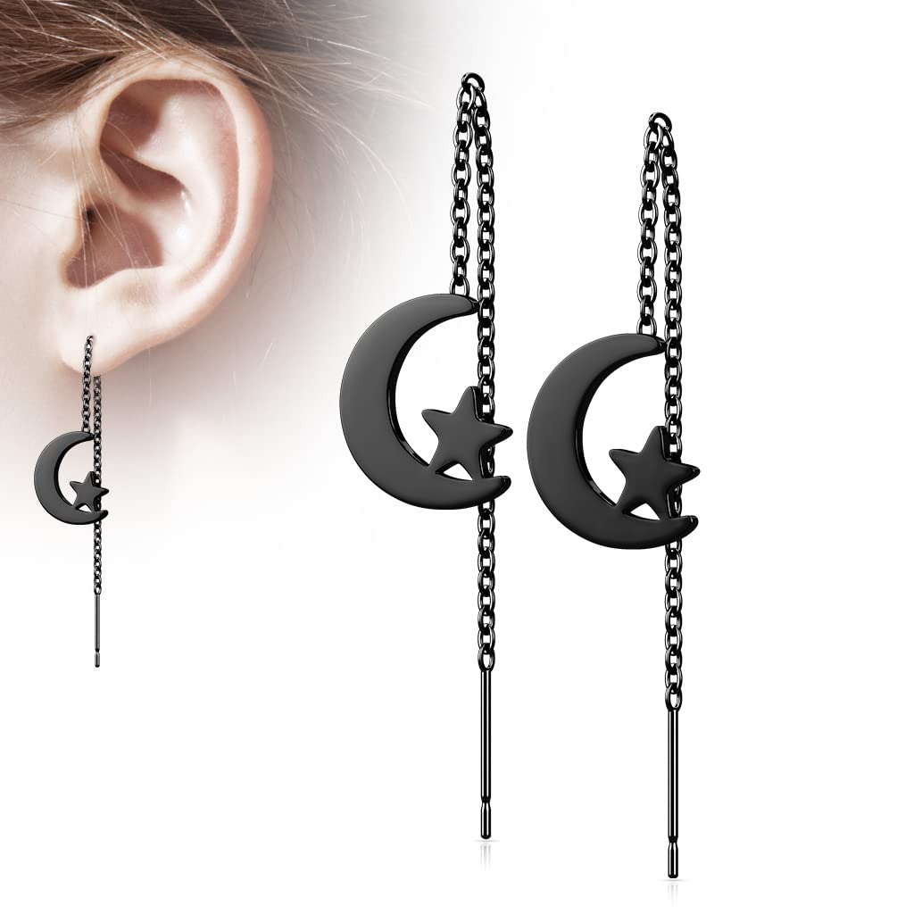 1 Paar Damen Ohrringe Durchzieher Mond Stern Anhänger Ohrringe Ohrstecker Chirurgenstahl Gold Schwarz Roségold Silber