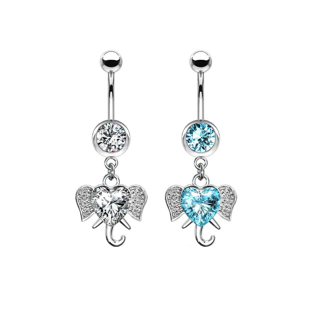 Bauchnabelpiercing Zirkonia Herz Elefant Anhänger Nabelpiercing Chirurgenstahl Bananabell Silber Clear Aqua Stab 1,6/10mm