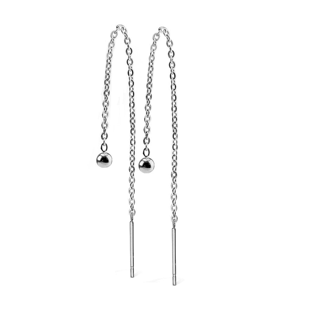 Damen 1 Paar Ohrhänger 1 Kugel 3mm lange hängende Kette 1 Stab Durchzieher Ohrringe Set Ohrstecker Chirurgenstahl Silber Gold
