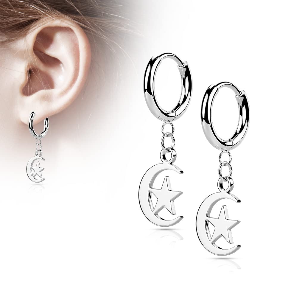 1 Paar Damen Creolen Ohrhänger Halb-Mond Stern-Anhänger Ohrringe Ohrstecker Chirurgenstahl Silber Gold Schwarz Roségold