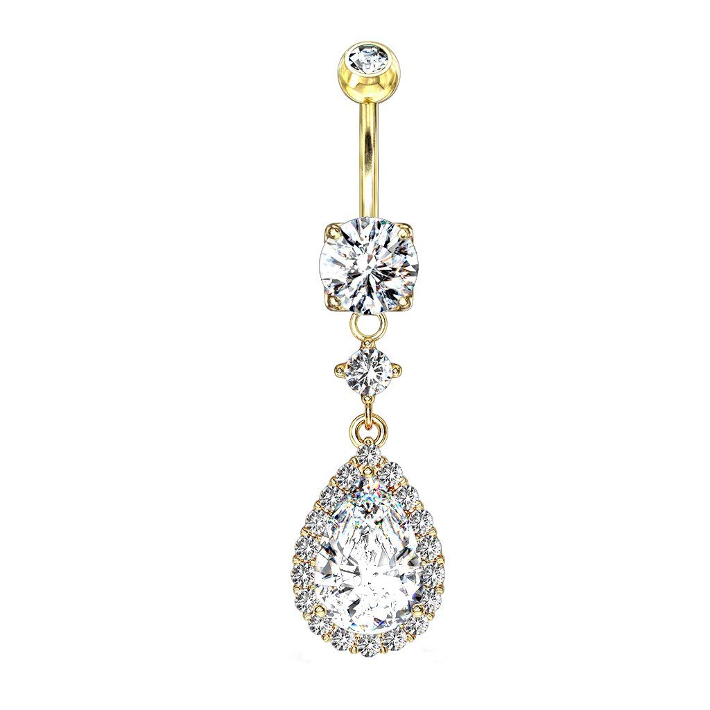 Bauchnabelpiercing Zirkonia Tropfen-Anhänger Nabelpiercing Chirurgenstahl Bananabell Silber Gold Roségold Clear Stab 1,6/10mm