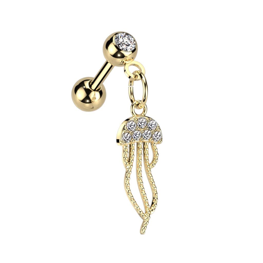 Knorpel Ohrstecker Qualle-Anhänger Zirkonia Clear Silber Gold Piercings Chirurgenstahl Schraubverschluss Stab 6mm lang