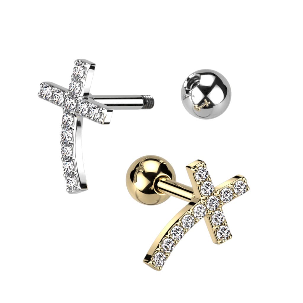 Knorpel Ohrstecker Kreuz Zirkonia Clear Silber Gold Piercings Chirurgenstahl Schraubverschluss Stab 6mm lang