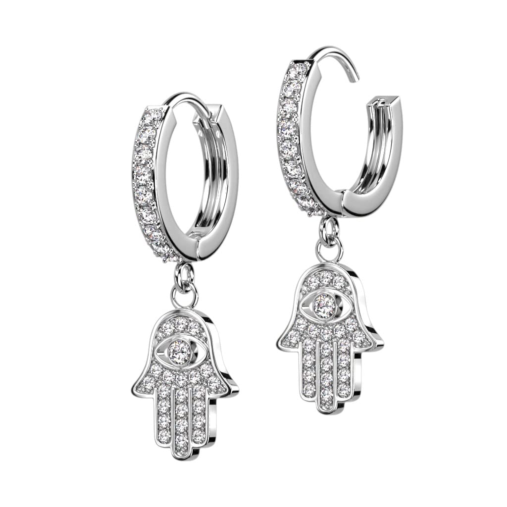 1 Paar Damen Creolen Ohrhänger Anhänger Hamsa-Hand Pavé Zirkonia Clear Ohrringe Ohrstecker Silber Gold