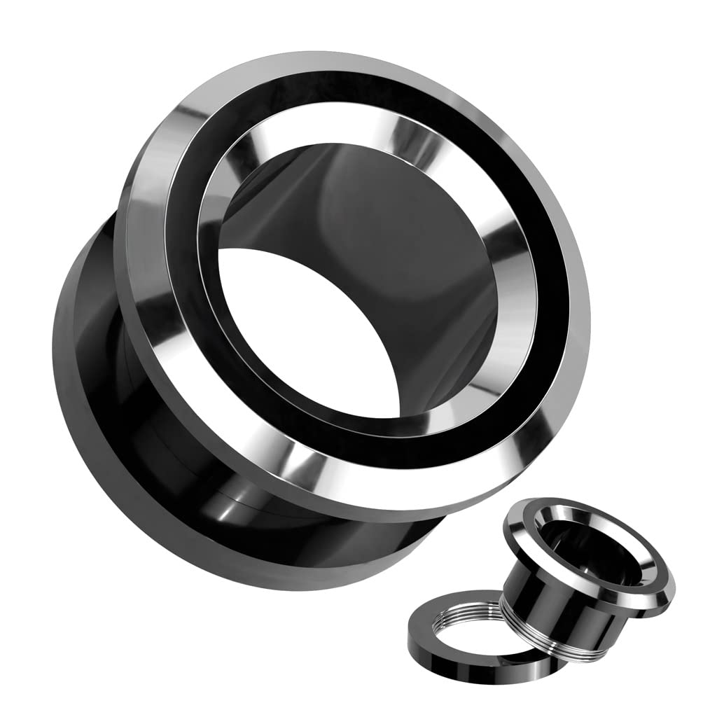 Ohrtunnel Schwarz Silber Rand Chirurgenstahl Ohrpiercing Ohrschmuck Plug Screw Fit Schraubverschluss 8-25mm