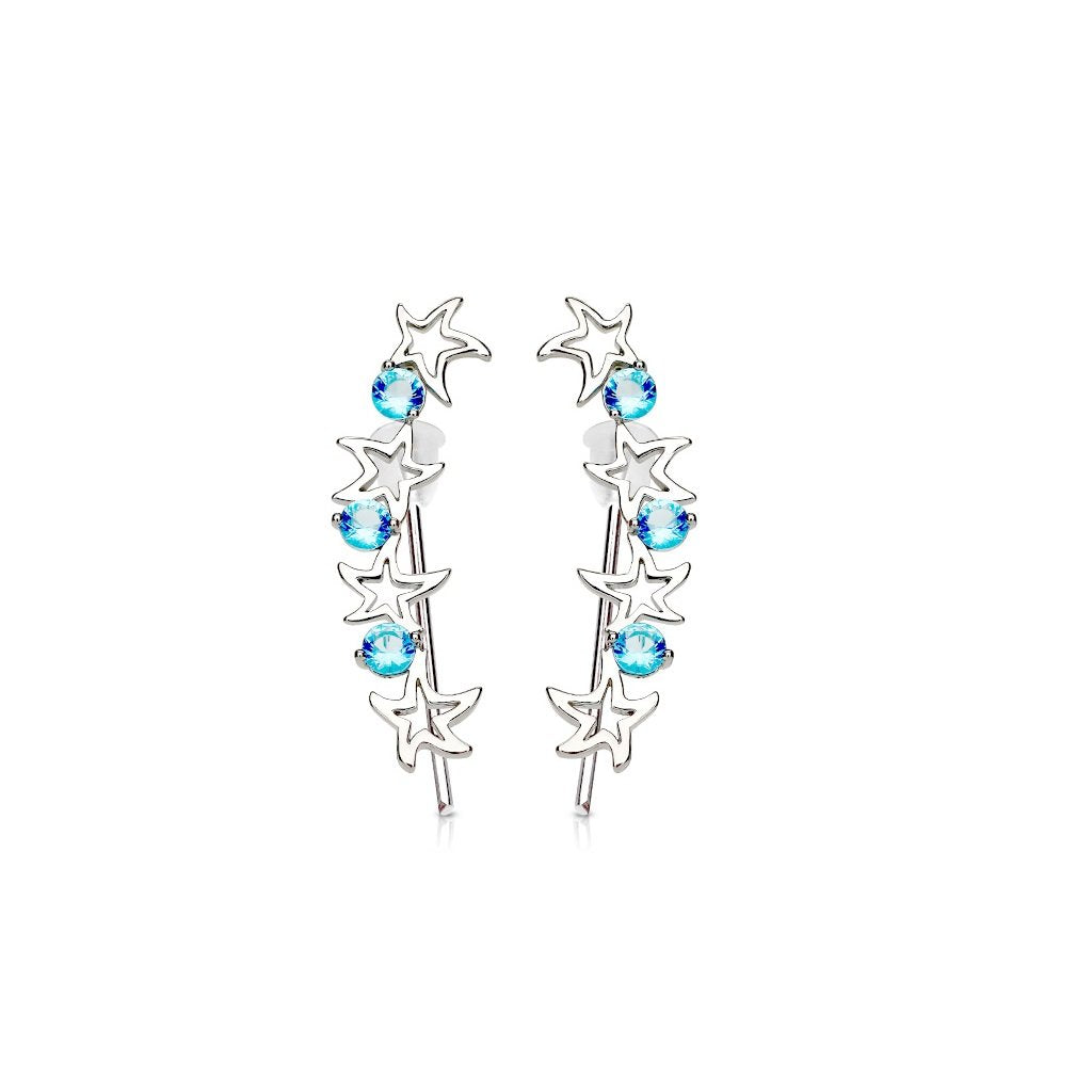 1 Paar Ohrklemmen STERNEN-KETTE 21 x 3mm Set Ohrringe Ohrclip Ohrstecker Chirurgenstahl Zirkonia Silber Clear Aqua