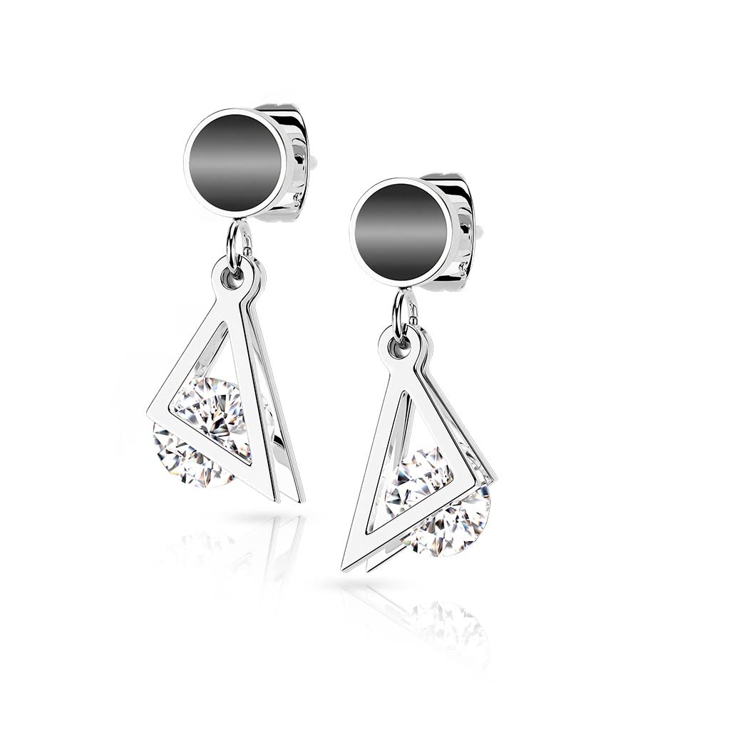 1 Paar Damen Ohrstecker schwarzer Enamel Dreieck-Anhänger Zirkonia Clear Chirurgenstahl Ohrringe Ohrhänger Silber Gold