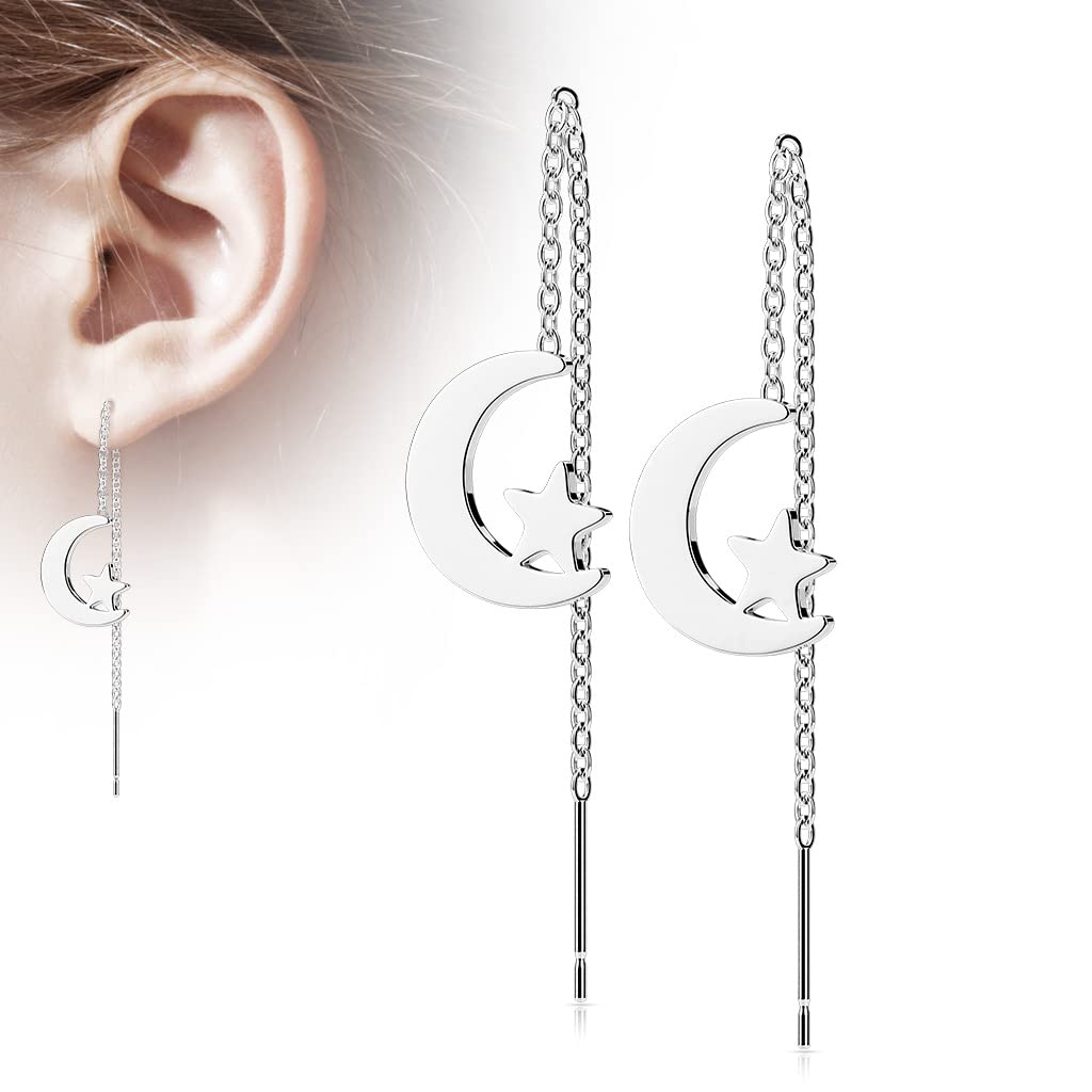 1 Paar Damen Ohrringe Durchzieher Mond Stern Anhänger Ohrringe Ohrstecker Chirurgenstahl Gold Schwarz Roségold Silber