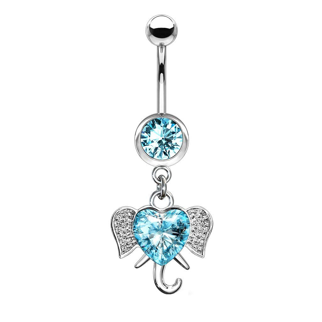 Bauchnabelpiercing Zirkonia Herz Elefant Anhänger Nabelpiercing Chirurgenstahl Bananabell Silber Clear Aqua Stab 1,6/10mm
