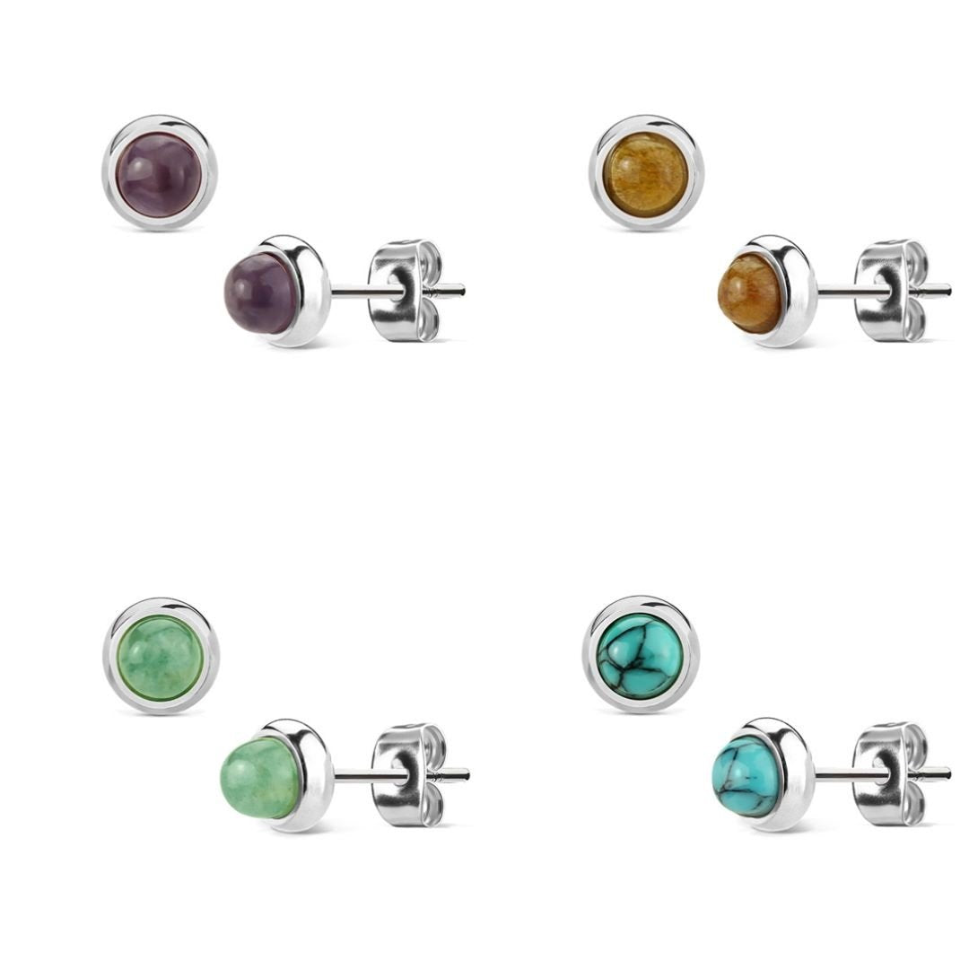 1 Paar Stud Ohrring Set Ohrstecker Chirurgenstahl Halbedelsteine eingefasst Amethyst Grüne Jade Tigerauge Türkis