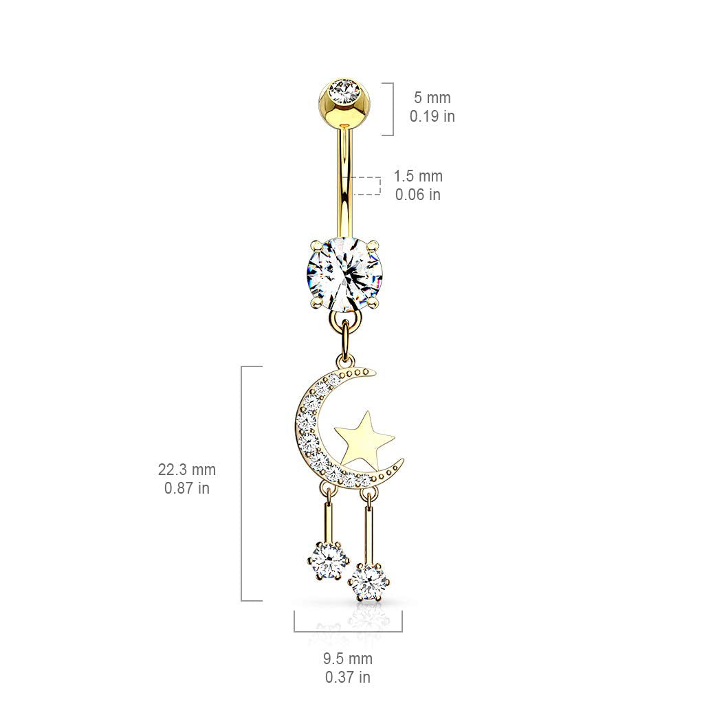 Bauchnabelpiercing Zirkonia Halb-Mond Sterne Anhänger Nabelpiercing Chirurgenstahl Bananabell Silber Gold Roségold Clear Stab 1,6/10mm