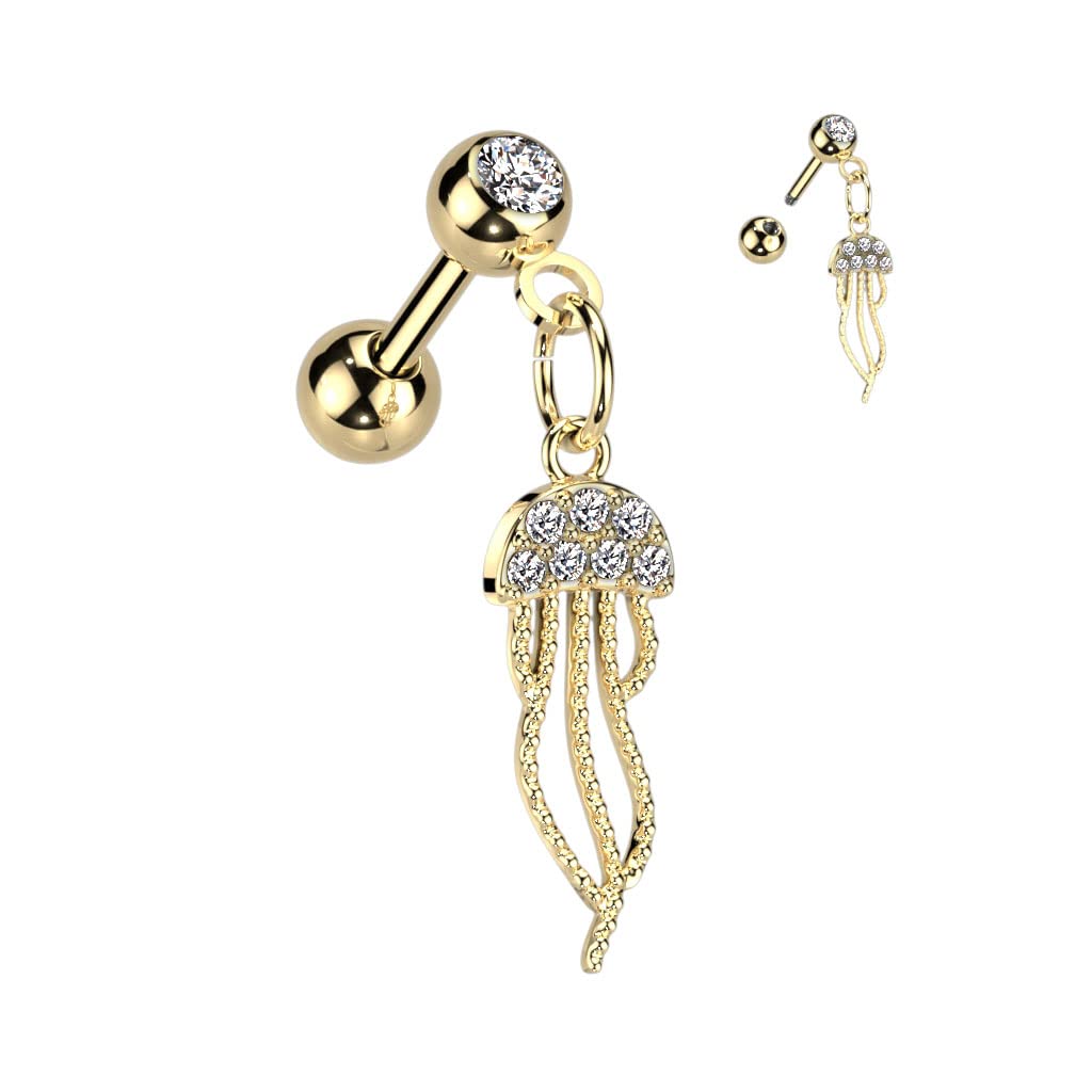 Knorpel Ohrstecker Qualle-Anhänger Zirkonia Clear Silber Gold Piercings Chirurgenstahl Schraubverschluss Stab 6mm lang