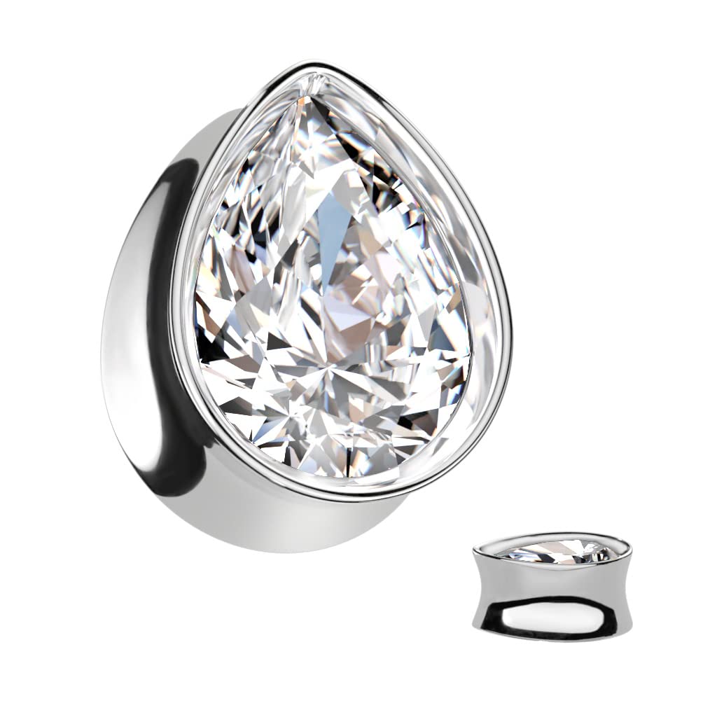 Ohrtunnel Silber Gold Tränen-tropfen Zirkonia Clear Chirurgenstahl Ohrpiercing Ohrschmuck Plug Sattelverschluss 8-16mm