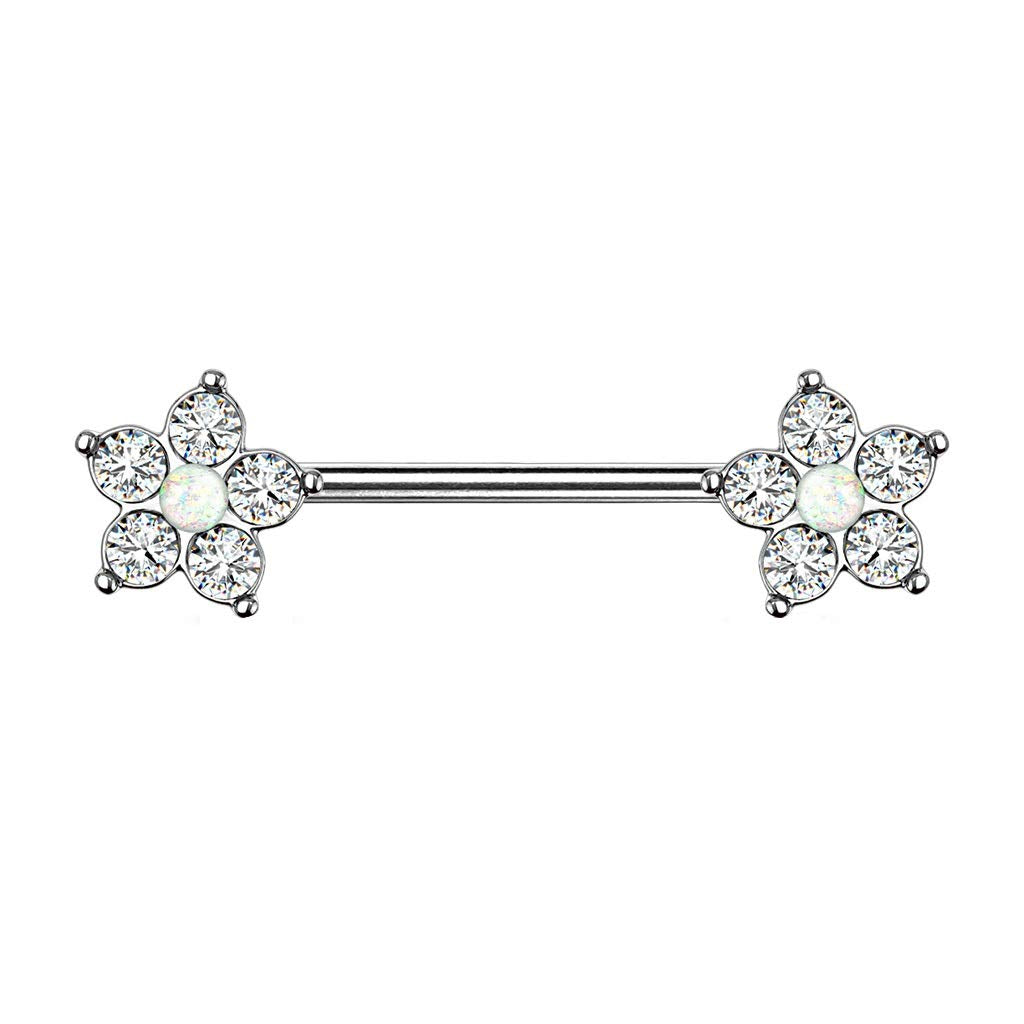 Brustwarzenpiercing Glitzer-Opal Blume 5 Zirkonia Brustpiercing Nippelpiercing Chirurgenstahl viele Farben Stab 1,6/14mm