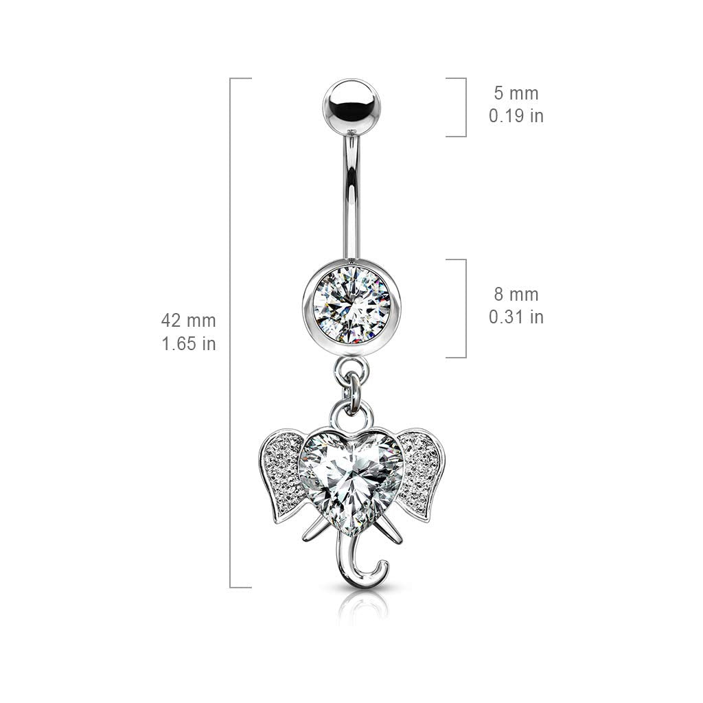 Bauchnabelpiercing Zirkonia Herz Elefant Anhänger Nabelpiercing Chirurgenstahl Bananabell Silber Clear Aqua Stab 1,6/10mm