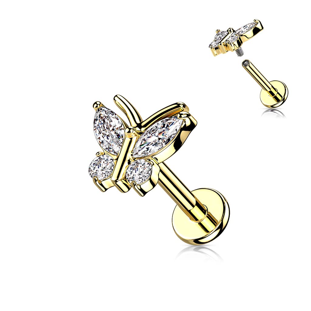Knorpel Ohrstecker Schmetterling Silber Gold Roségold 4 Zirkonia Clear Piercings Chirurgenstahl Schraubverschluss Stab 6/8mm lang