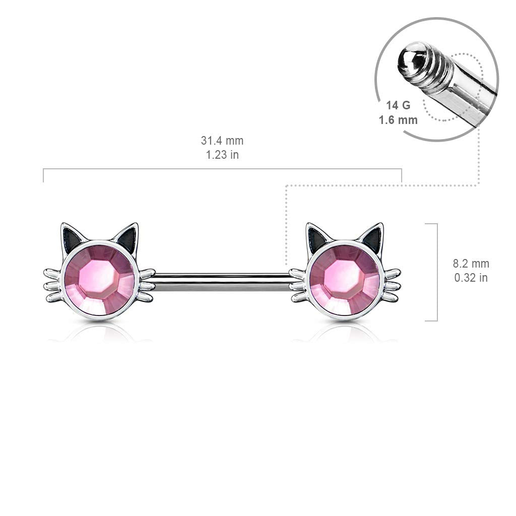 Brustwarzenpiercing Katze Kristall Pink Brustpiercing Nippelpiercing Chirurgenstahl Silber Stab 1,6/14mm