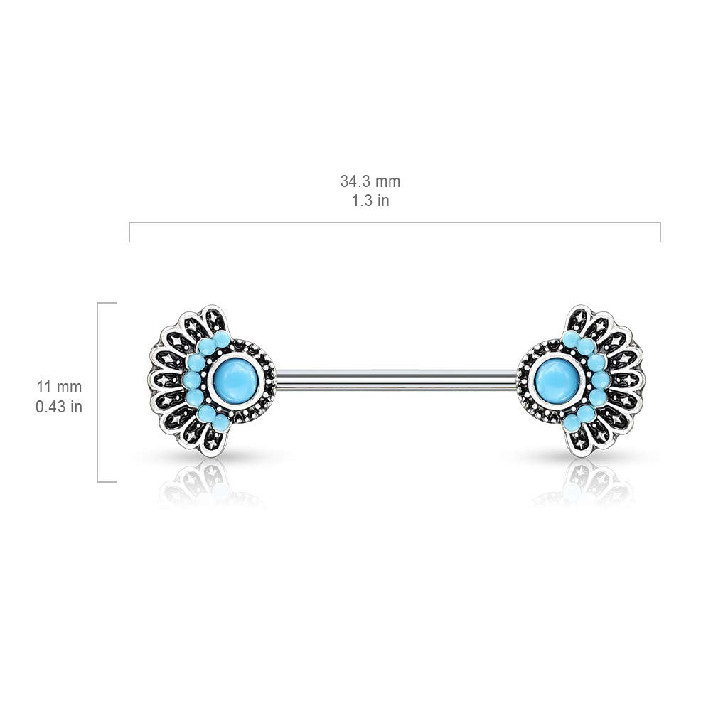 Brustwarzenpiercing Vintage Fächer Türkis Brustpiercing Nippelpiercing Chirurgenstahl Silber Stab 1,6/14mm