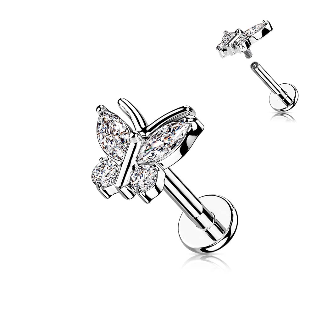 Knorpel Ohrstecker Schmetterling Silber Gold Roségold 4 Zirkonia Clear Piercings Chirurgenstahl Schraubverschluss Stab 6/8mm lang