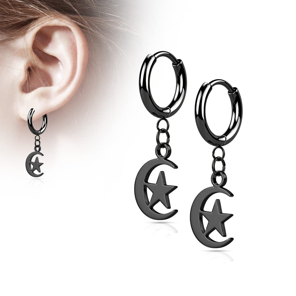 1 Paar Damen Creolen Ohrhänger Halb-Mond Stern-Anhänger Ohrringe Ohrstecker Chirurgenstahl Silber Gold Schwarz Roségold