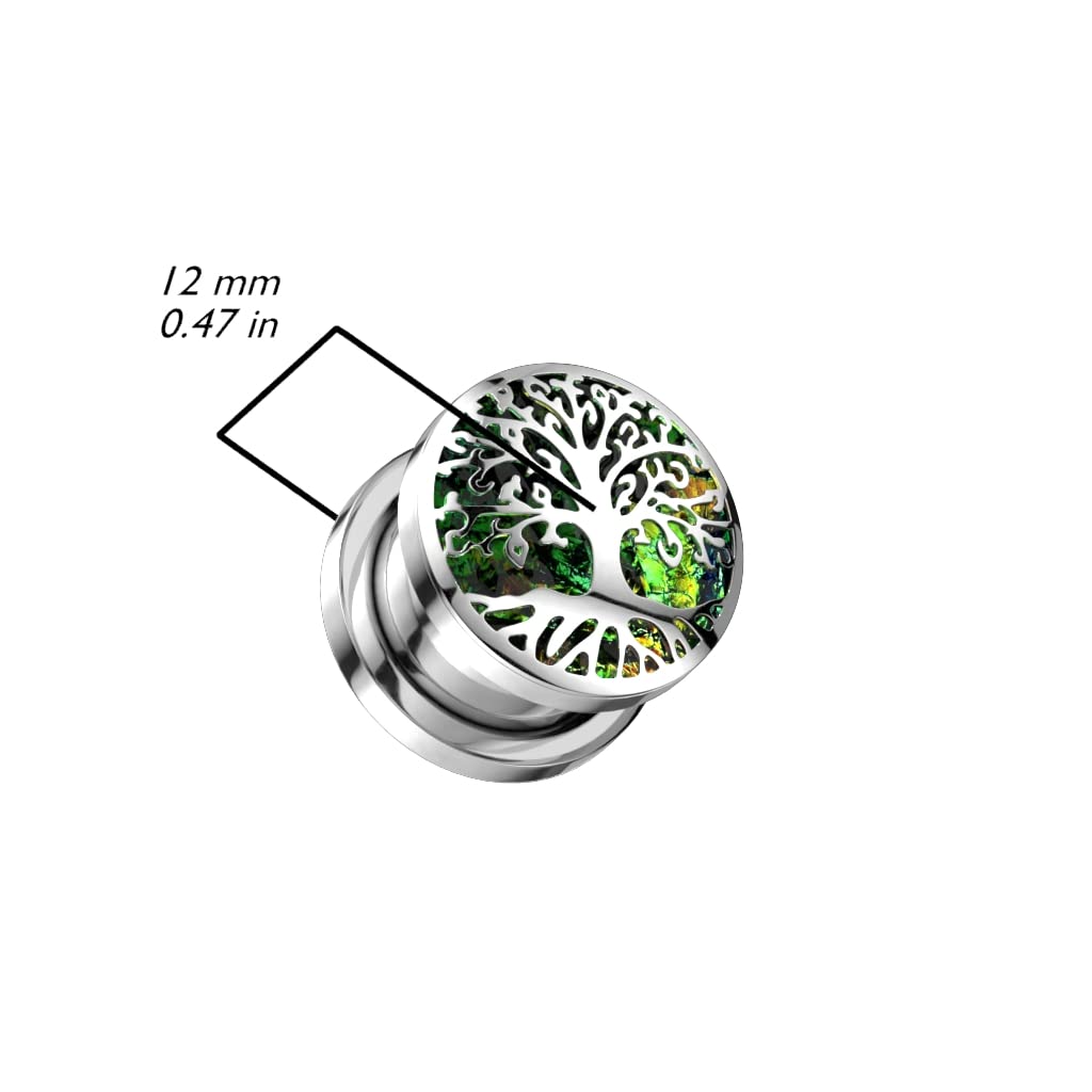 Ohrtunnel Silber Lebens-baum Opal-Glitzer Grün Chirurgenstahl Ohrpiercing Ohrschmuck Plug Screw Fit Schraubverschluss 8-16mm