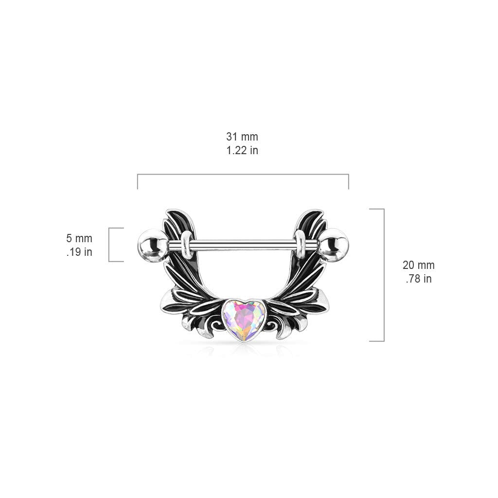Brustwarzenpiercing Engels-flügel Kristall-Herz Silber Brustpiercing Nippelpiercing Intimpiercing Chirurgenstahl Stab 13mm