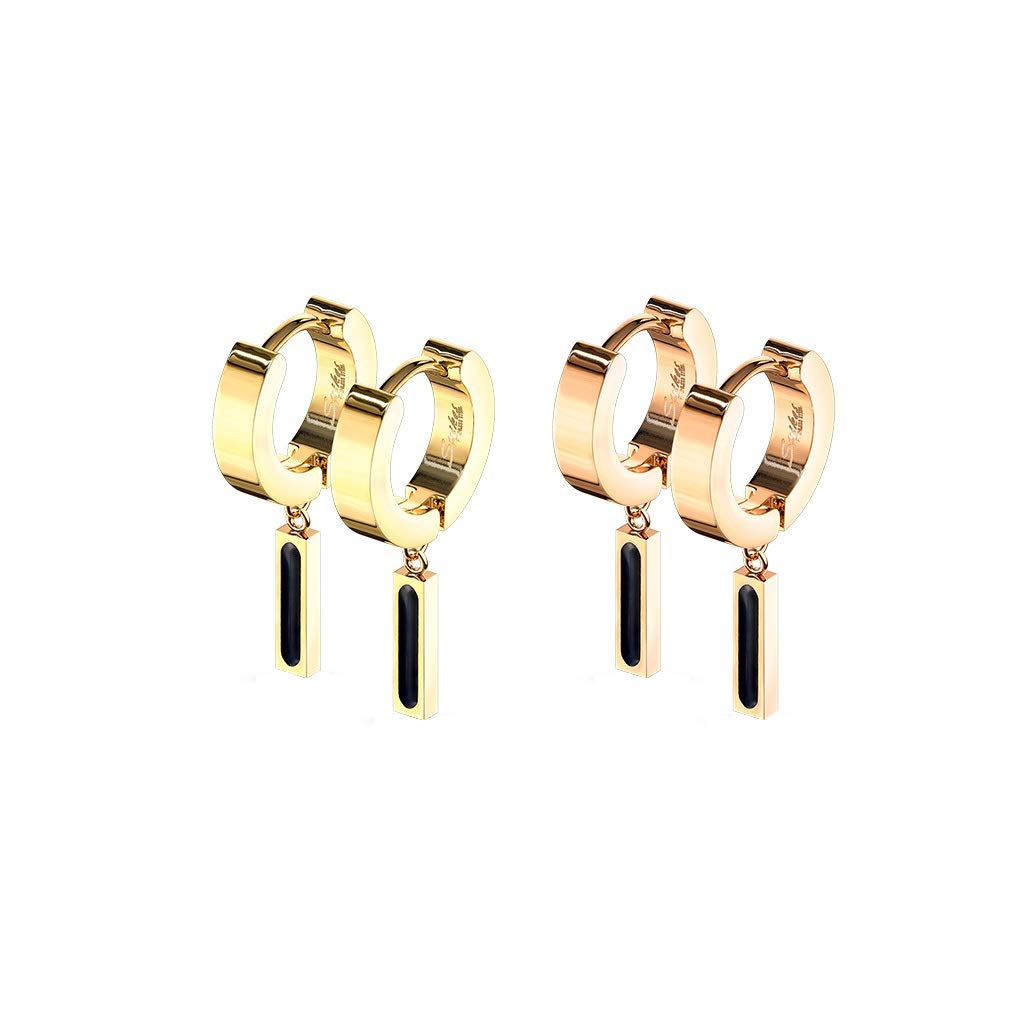 1 Paar Damen CREOLEN Anhänger schwarzer Balken Ohrringe Ohrstecker Chirurgenstahl Gold Roségold 28mm