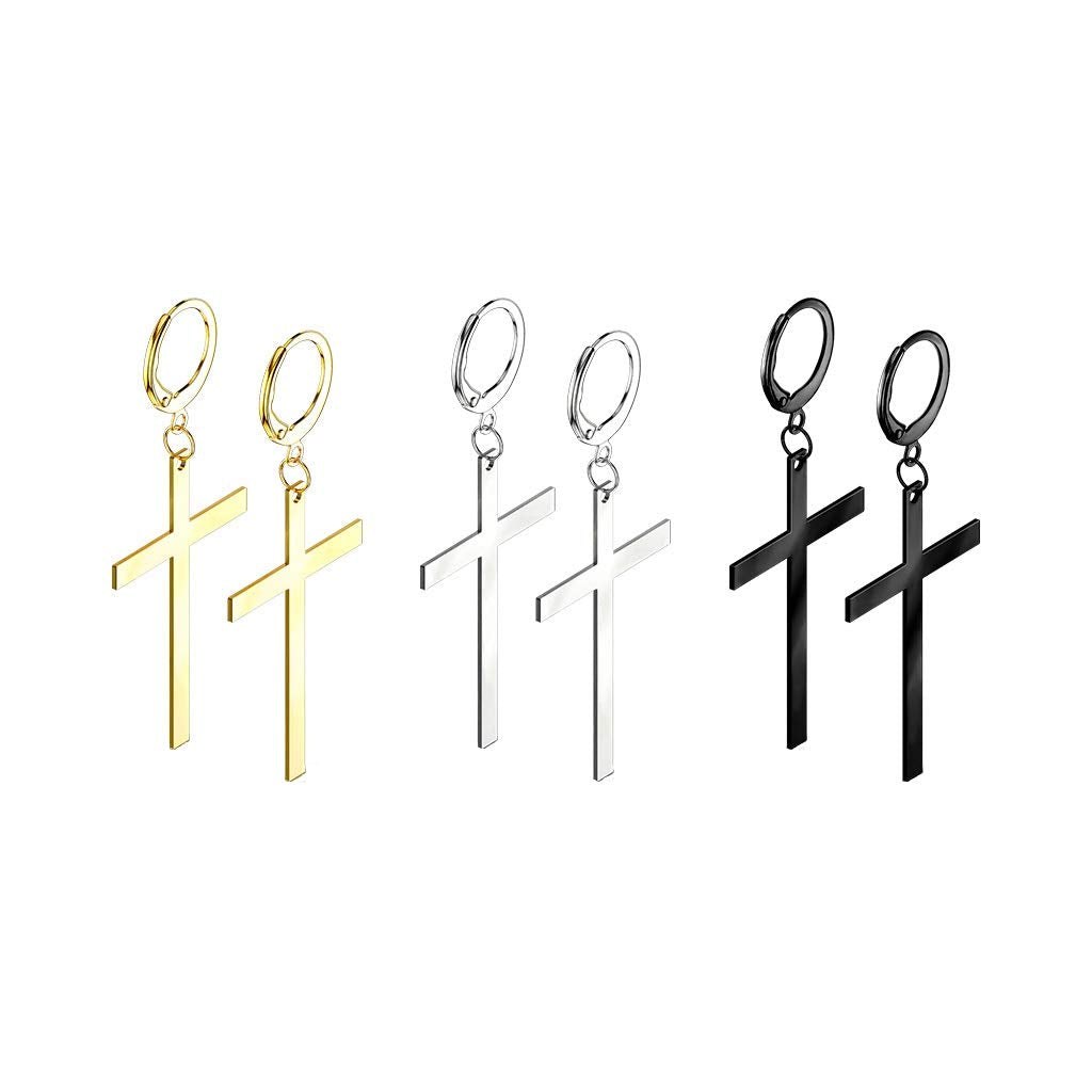 1 Paar Damen Creole großes Kreuz Anhänger Ohrringe Ohring Chirurgenstahl Klappverschluss Silber Gold Schwarz
