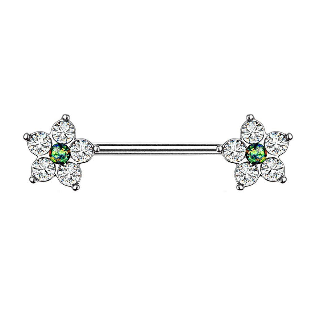 Brustwarzenpiercing Glitzer-Opal Blume 5 Zirkonia Brustpiercing Nippelpiercing Chirurgenstahl viele Farben Stab 1,6/14mm