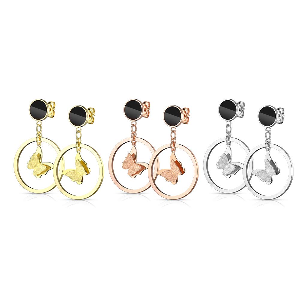 1 Paar Damen Ohrringe Enamel Schwarz 2 Ton Schmetterling Ring Anhänger e Ohrstecker Chirurgenstahl Gold Roségold Silber