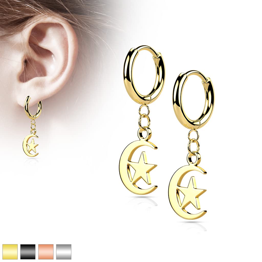 1 Paar Damen Creolen Ohrhänger Halb-Mond Stern-Anhänger Ohrringe Ohrstecker Chirurgenstahl Silber Gold Schwarz Roségold
