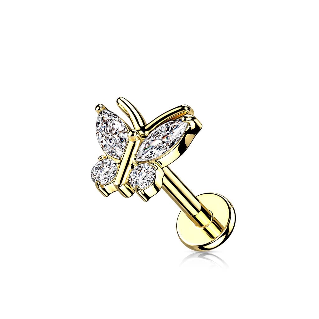 Knorpel Ohrstecker Schmetterling Silber Gold Roségold 4 Zirkonia Clear Piercings Chirurgenstahl Schraubverschluss Stab 6/8mm lang