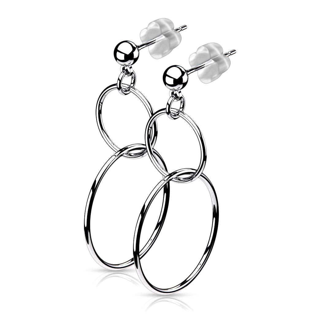 1 Paar Damen Ohrringe Kugel Doppel-Ringe Länge 38,1mm e Ohrstecker Chirurgenstahl Silber