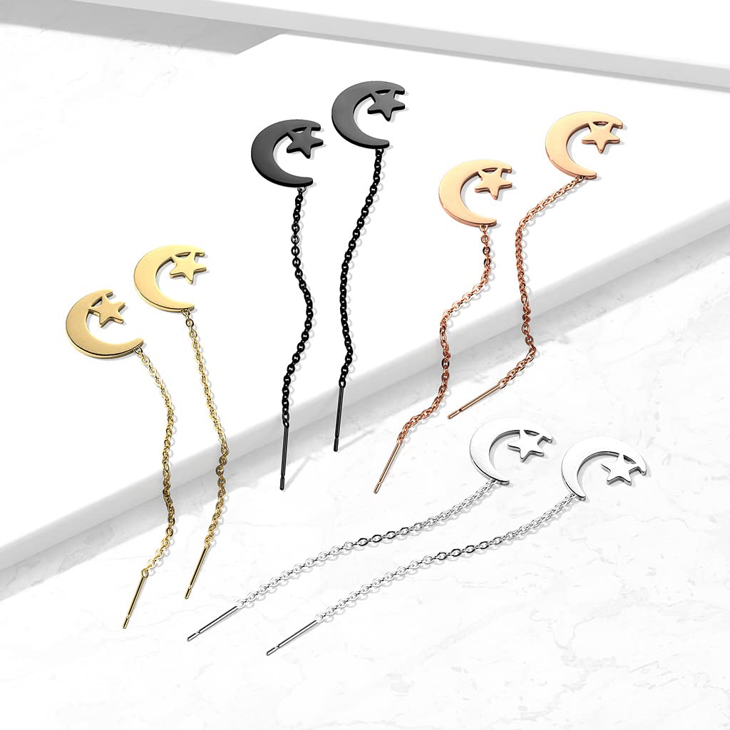 1 Paar Damen Ohrringe Durchzieher Mond Stern Anhänger Ohrringe Ohrstecker Chirurgenstahl Gold Schwarz Roségold Silber