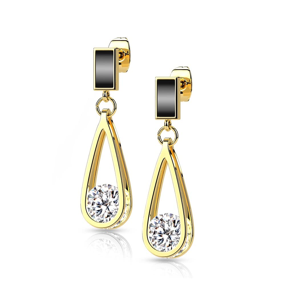 1 Paar Damen Ohrstecker schwarzer Enamel Tropfen-Anhänger Zirkonia Clear Chirurgenstahl Ohrringe Ohrhänger Silber Gold