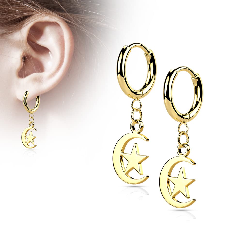1 Paar Damen Creolen Ohrhänger Halb-Mond Stern-Anhänger Ohrringe Ohrstecker Chirurgenstahl Silber Gold Schwarz Roségold