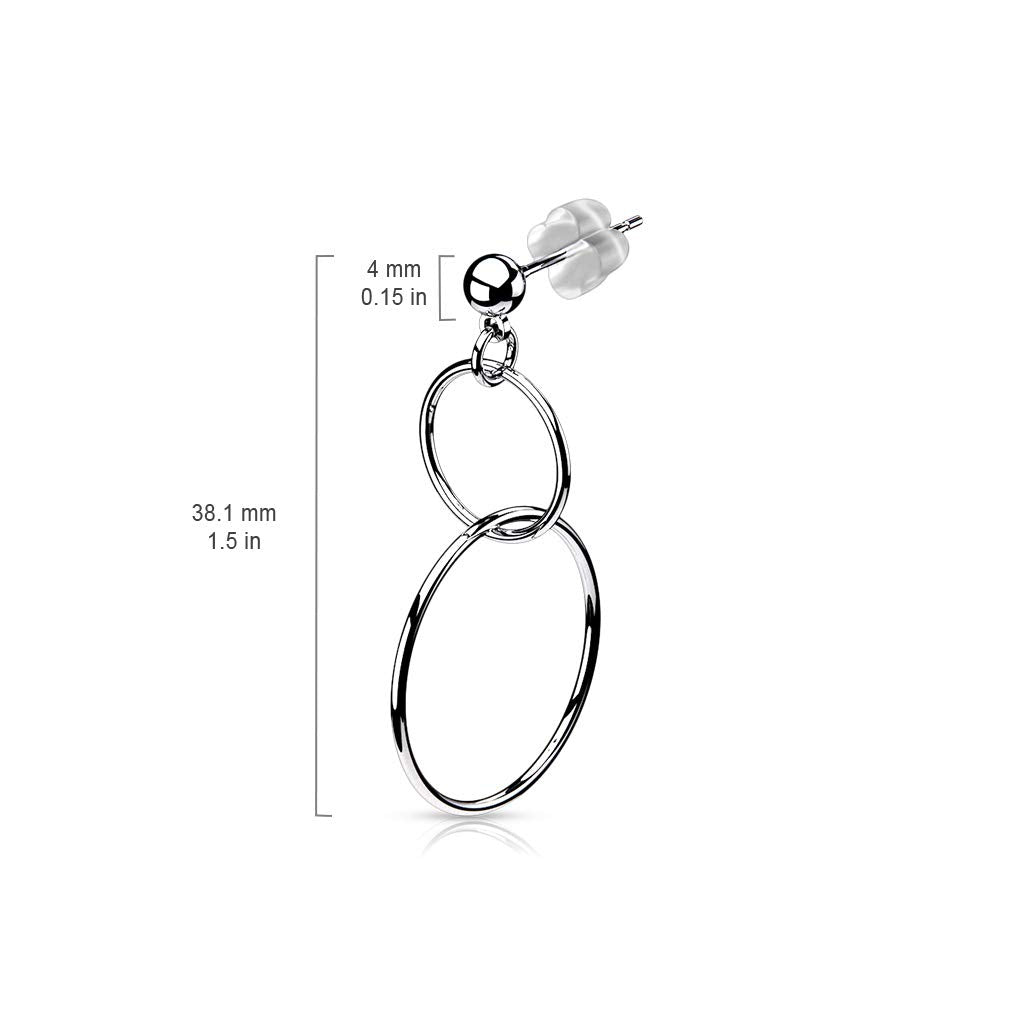 1 Paar Damen Ohrringe Kugel Doppel-Ringe Länge 38,1mm e Ohrstecker Chirurgenstahl Silber