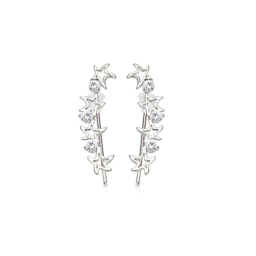 1 Paar Ohrklemmen STERNEN-KETTE 21 x 3mm Set Ohrringe Ohrclip Ohrstecker Chirurgenstahl Zirkonia Silber Clear Aqua