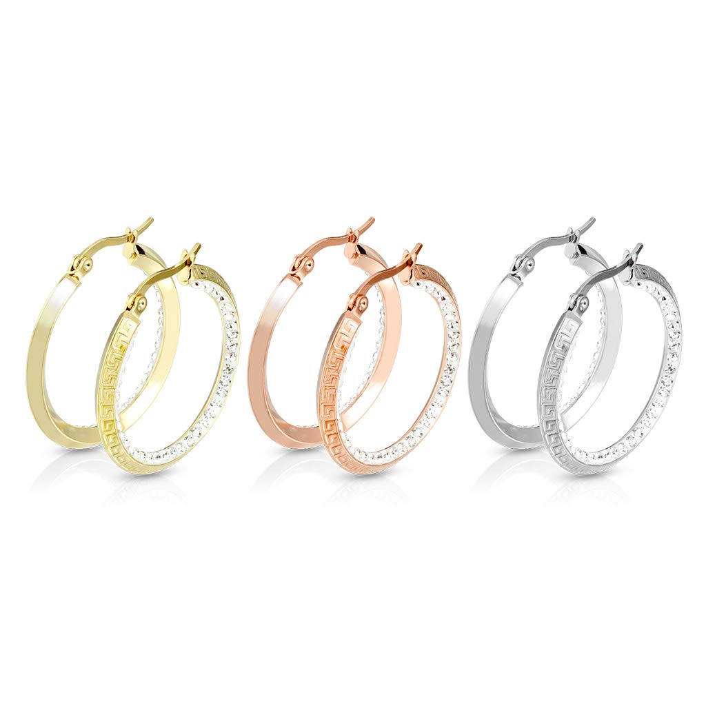 1 Paar Damen Ohrringe CREOLE Zirkonia-Rand innen Muster Ohrstecker Chirurgenstahl Gold Roségold Silber Clear 30mm